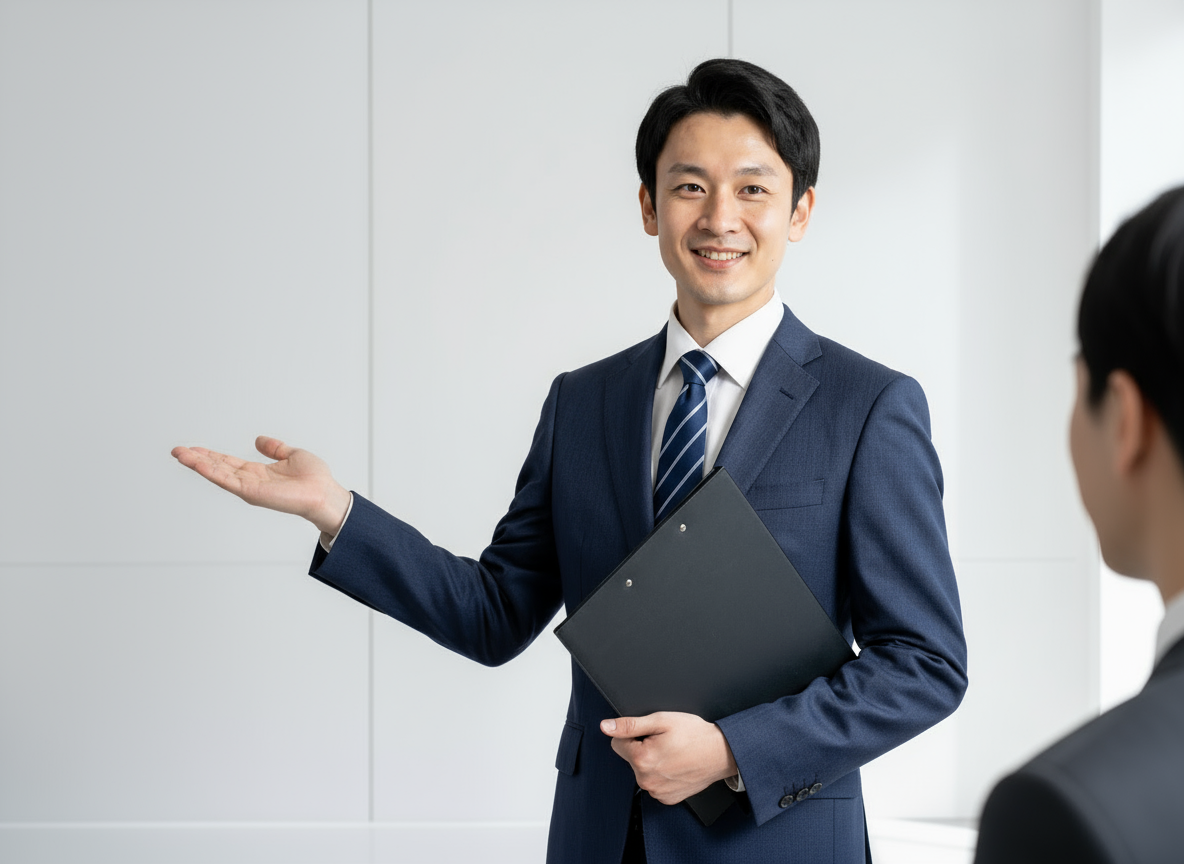 スーツ姿の営業担当者が資料を持って顧客に説明している様子