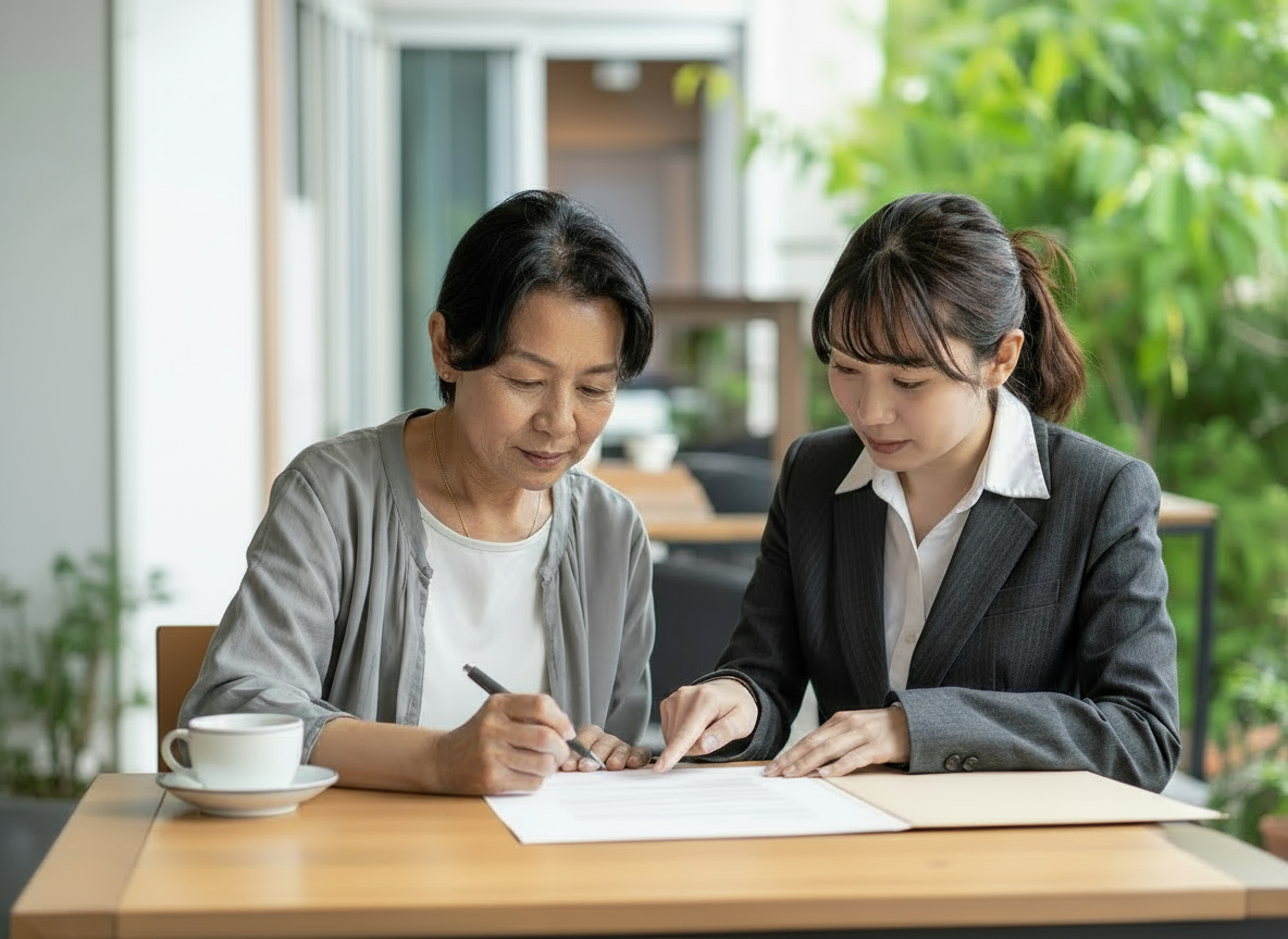 担当スタッフが高齢の女性と契約内容を確認しながらサポートしている様子