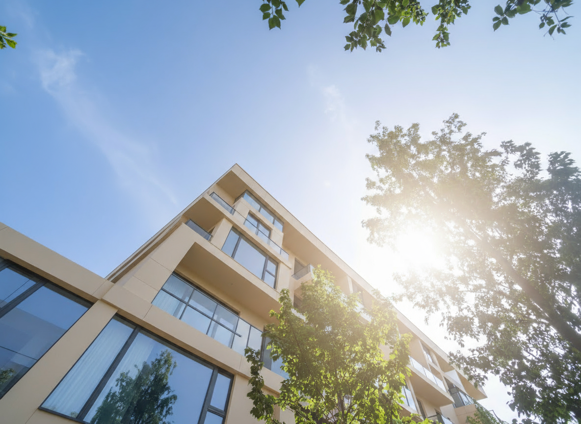 青空の下に佇む明るいマンション外観のイメージ